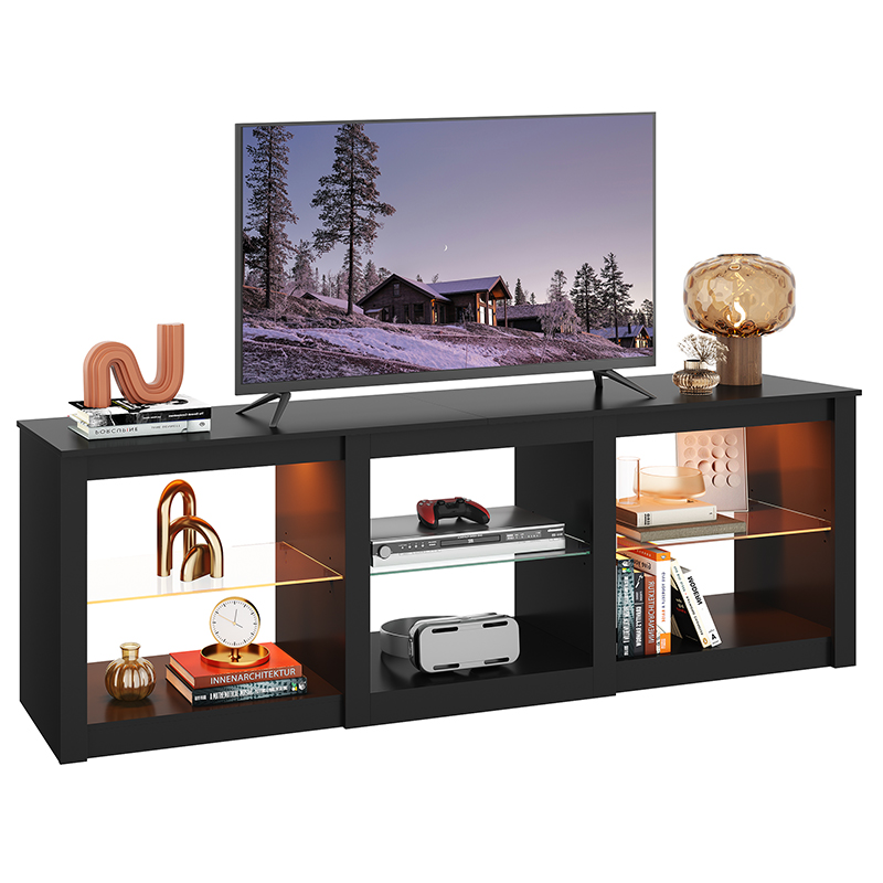 Gaming Console Entertainment Center - ชั้นวางทีวีสำหรับทีวีขนาด 55/65/75 นิ้ว, ศูนย์รวมความบันเทิงสไตล์โมเดิร์นพร้อมไฟ LED และชั้นวางกระจกปรับระดับได้,