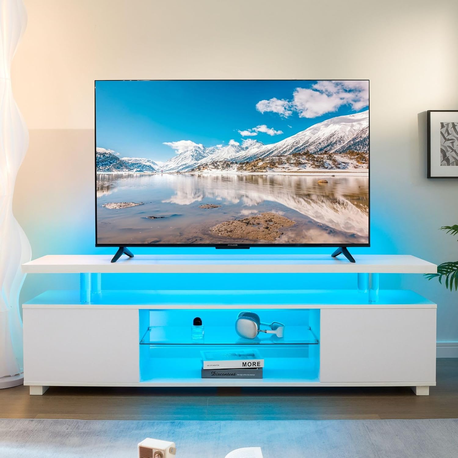 Gaming Console Entertainment Center - ตู้วางทีวี LED สีขาว พร้อมที่เก็บเครื่องเล่นเกม สำหรับทีวีขนาด 60/65/70