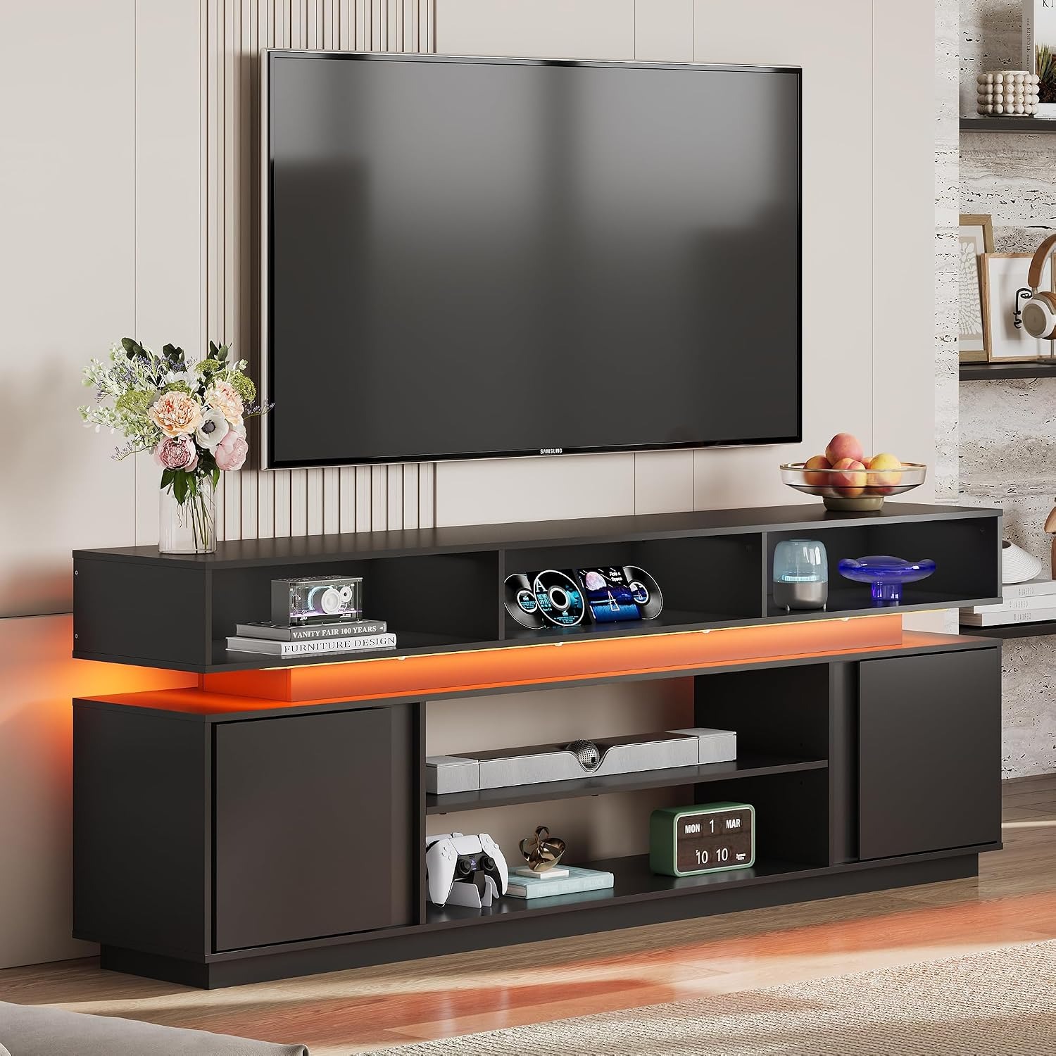 Gaming Console Entertainment Center - ชั้นวางทีวีทันสมัยสำหรับทีวีขนาด 75 นิ้ว, ศูนย์รวมความบันเทิง 2 ชั้นพร้อมไฟ