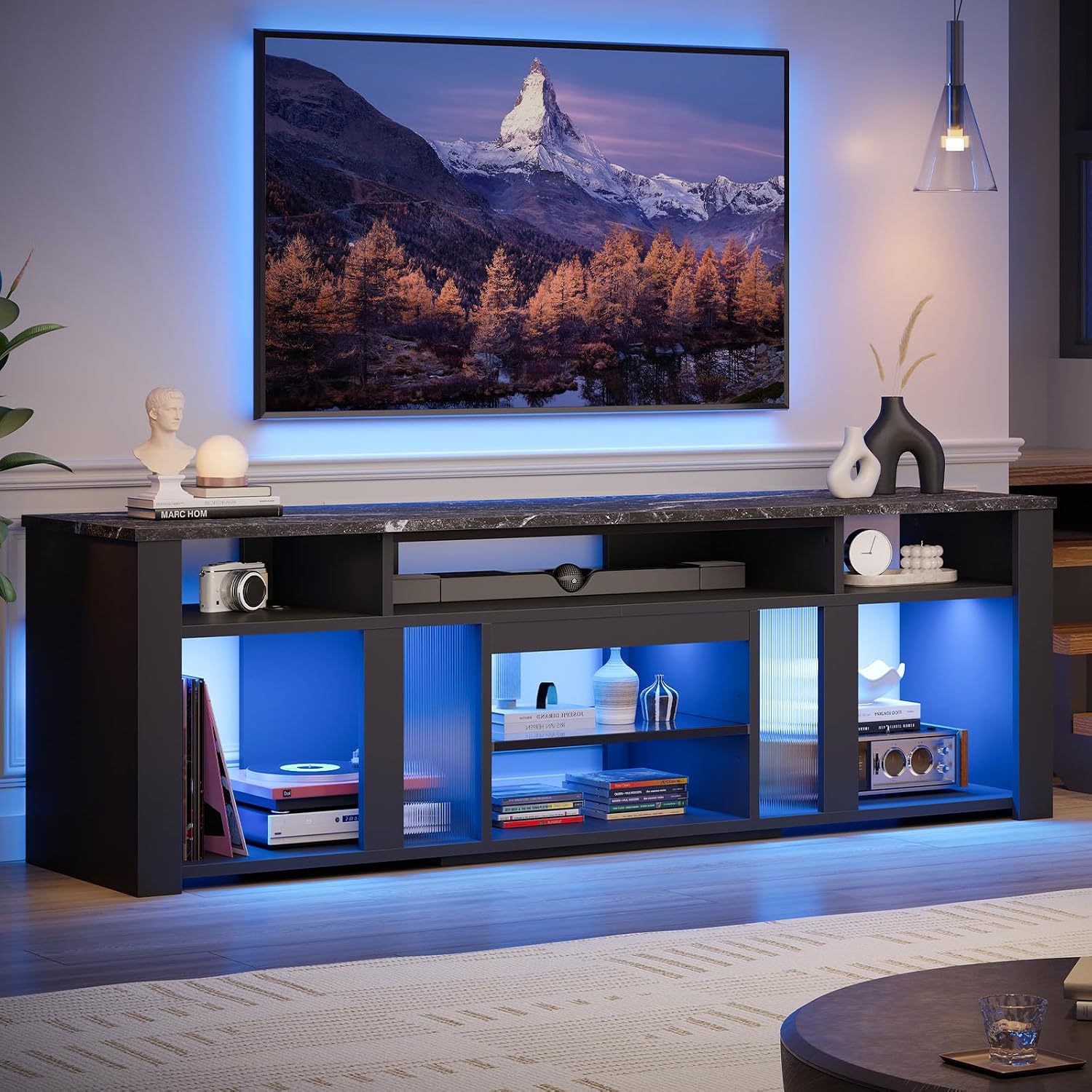 Gaming Console Entertainment Center - ขาตั้งทีวีขนาด 80 นิ้วสำหรับทีวีขนาด 85 นิ้ว ศูนย์รวมความบันเทิงพร้อมไฟ