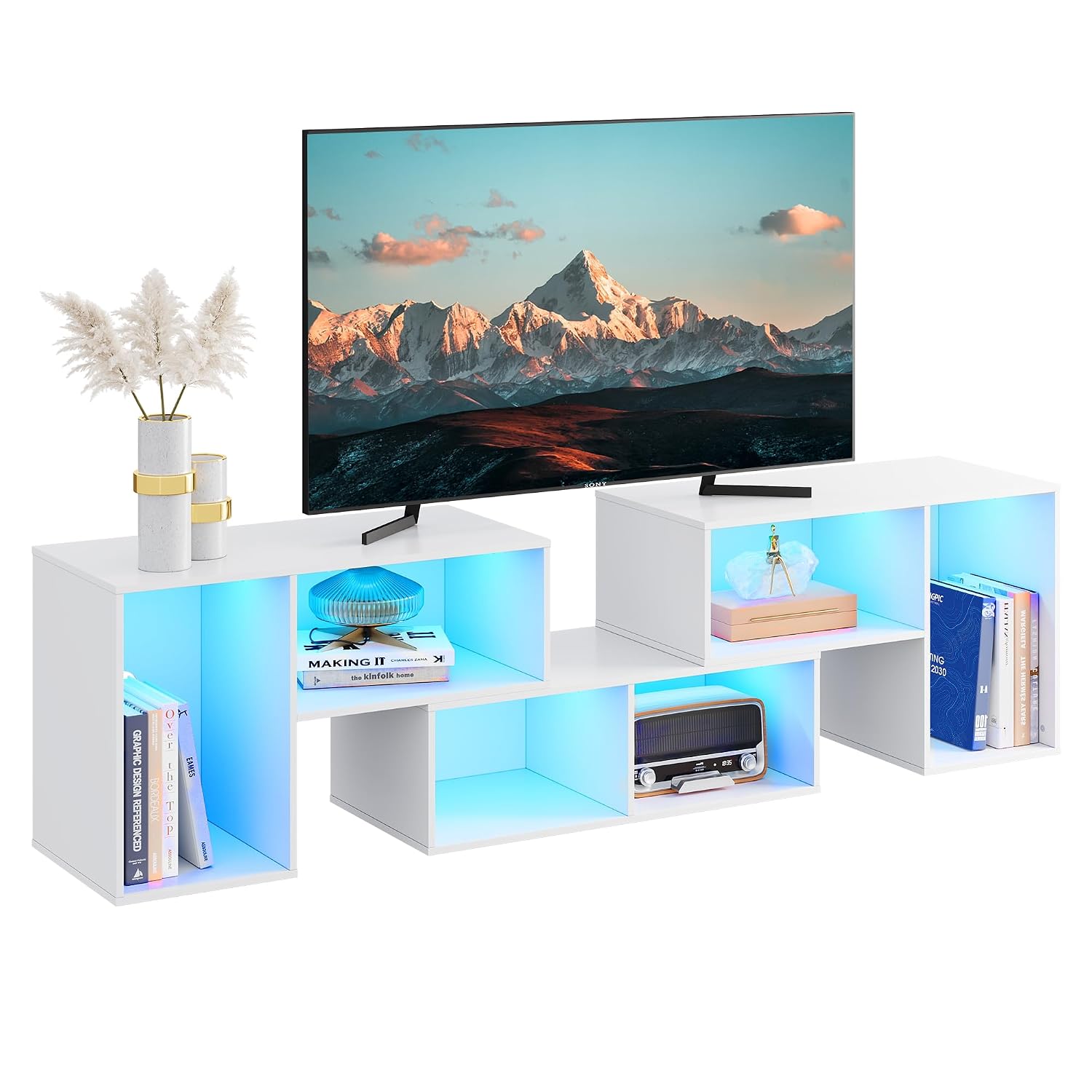 Gaming Console Tv Stand - ขาตั้งทีวีปรับรูปทรงได้พร้อมไฟ LED ตู้วางของสำหรับเล่นเกมส์และสื่อความบันเทิงทันสมัย สำหรับห้องนั่งเล่นและห้องนอน สีขาว ปรับแต่งได้