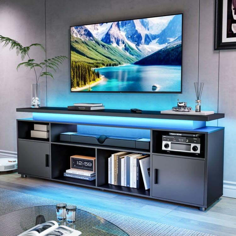 Gaming Console Entertainment Center - ขาตั้งทีวี, ศูนย์รวมความบันเทิงพร้อมไฟ LED และตู้เก็บของสำหรับทีวีขนาด 70/75/80 นิ้ว,