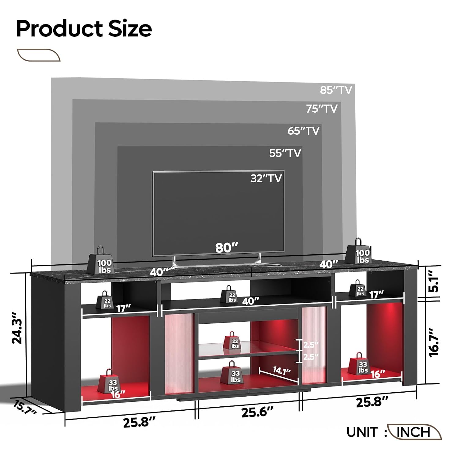 ขาตั้งทีวี 80 นิ้ว พร้อมไฟ LED - Gaming Console Entertainment Center บทวิจารณ์และราคา